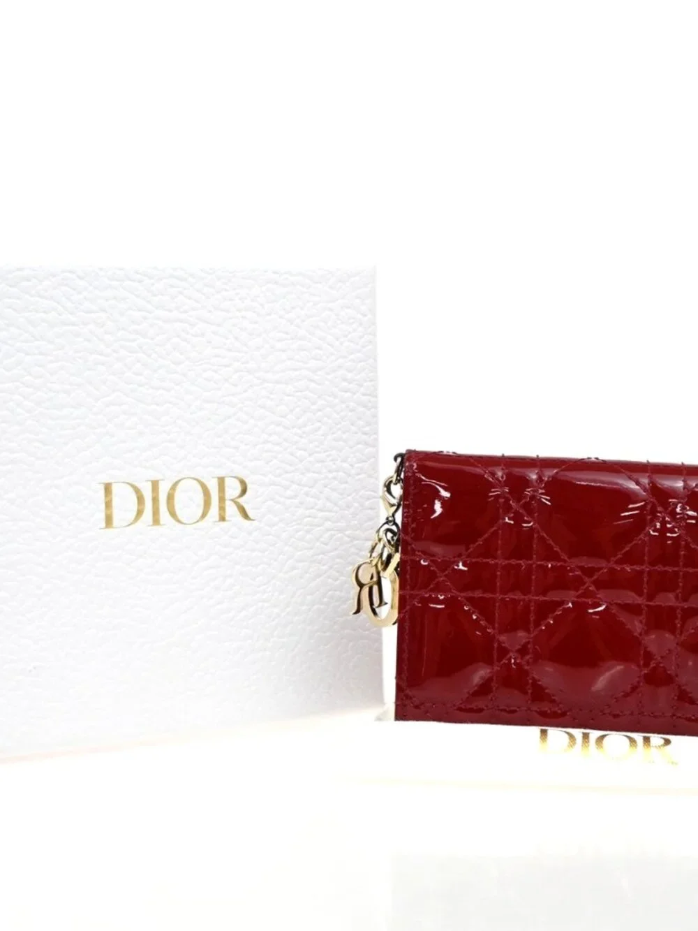 CHRISTIAN DIOR Cannage Mini Lady Dior Gardenia Wallet Patent Leather Red 80RL584